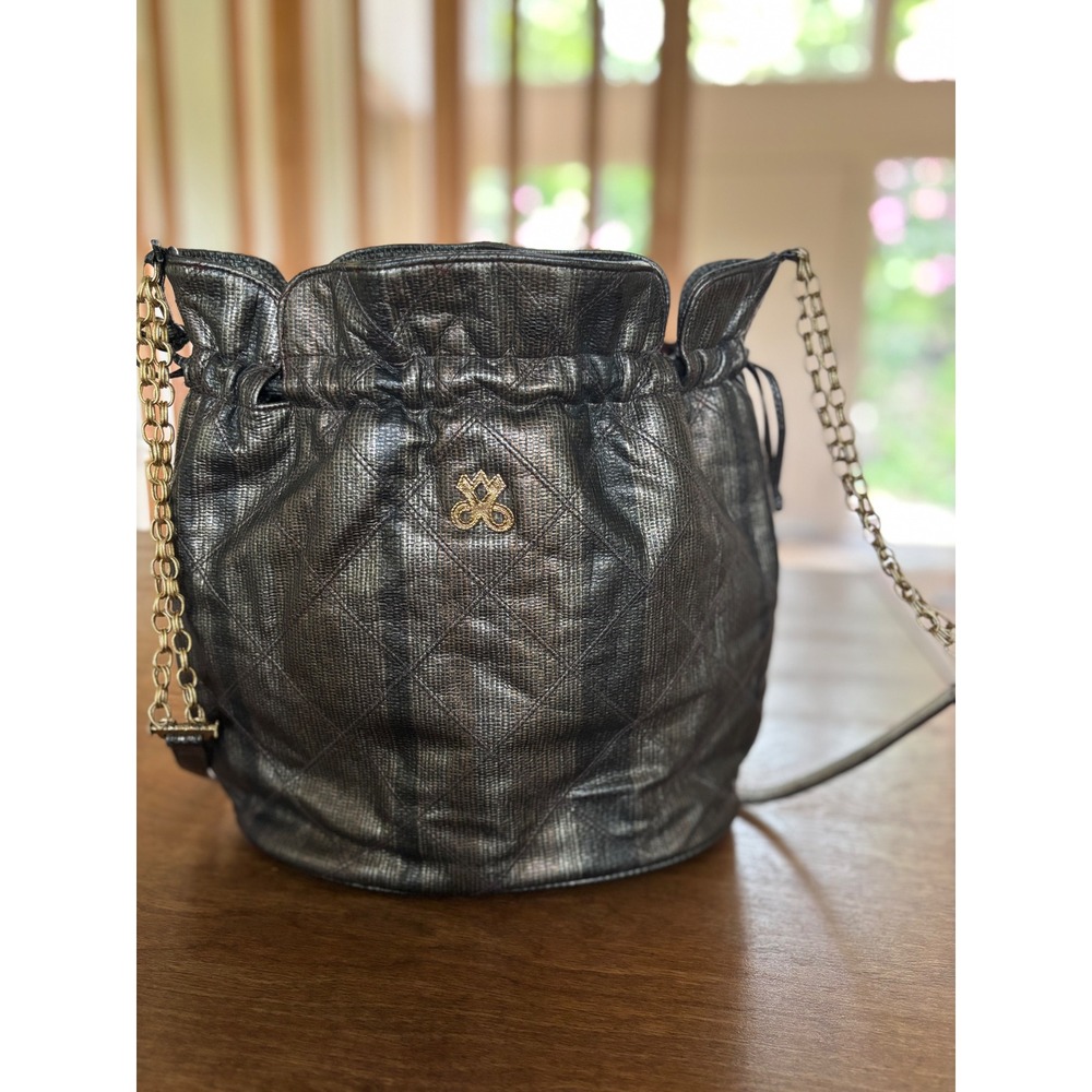 Jay Herbert New York Metallic Pewter Quilted Leather Drawstring Bucket Bag